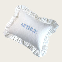 Load image into Gallery viewer, Ruffle Cushion - White Linen Blue Traditional Stitch