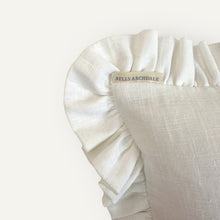 Load image into Gallery viewer, Ruffle Cushion - White Linen Blue Traditional Stitch