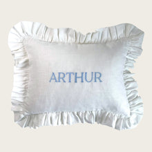Load image into Gallery viewer, Ruffle Cushion - White Linen Blue Traditional Stitch
