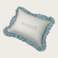 Load image into Gallery viewer, Ruffle Cushion - Linen & Blue Liberty