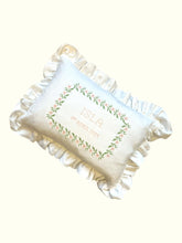 Load image into Gallery viewer, Ruffle Cushion - White Linen and Floral Embroidery