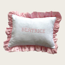 Load image into Gallery viewer, Ruffle Cushion - Linen & Pink Liberty