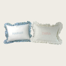 Load image into Gallery viewer, Ruffle Cushion - Linen & Blue Liberty