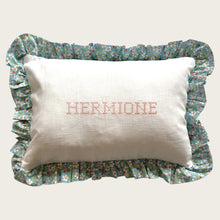 Load image into Gallery viewer, Ruffle Cushion - Linen &amp; Strawberry Blue

