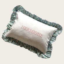 Load image into Gallery viewer, Ruffle Cushion - Linen &amp; Strawberry Blue

