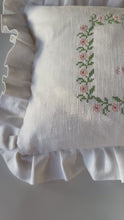 Load and play video in Gallery viewer, Ruffle Cushion - White Linen and Floral Embroidery
