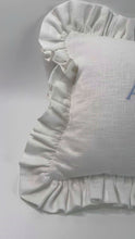 Load and play video in Gallery viewer, Ruffle Cushion - White Linen Blue Stitch
